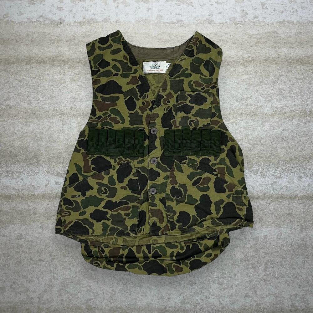 True Vintage 70s Red Head Duck Hunting Camo Vest Mens L Green Brown Button Up